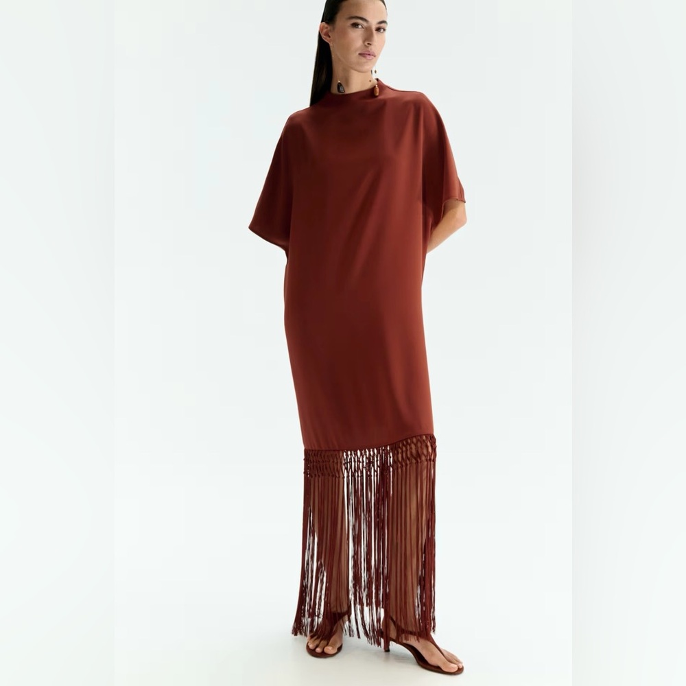 H&M Fringe-Hem Dress Short Sleeve Boho Kaftan Style 1315292002(Rust Red)NWT S&L